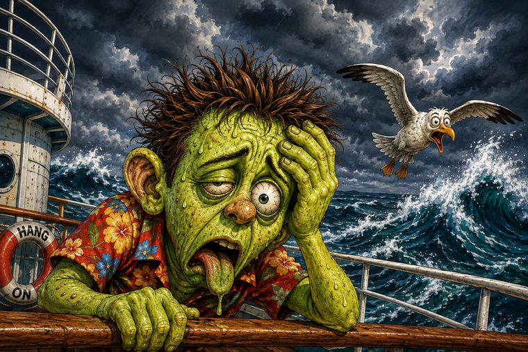 A very green cruiser hanging over the rail in a Hawaiian shirt while a horrified seagull looks on